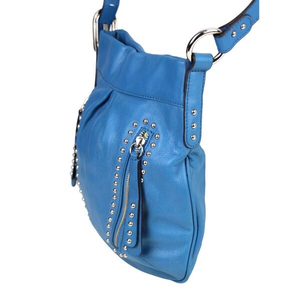 B.Makowsky BLUE GENUINE LEATHER STUDDED ZIP POCKET CROSSBODY SHOULDER BAG PURSE - Picture 5 of 16